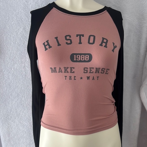 Ribbed Long Sleeve Top Pink Black History 1988 Graphic Tee - Picture 2 of 5